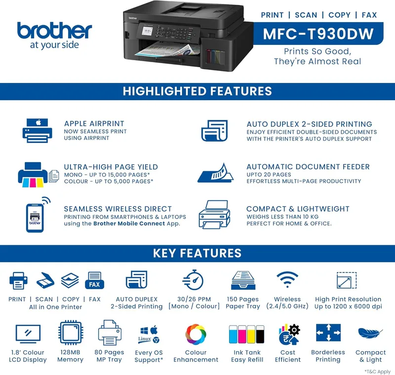 Brother MFC-T930DW Wireless Color Ink Tank All-in-One Printer with Fax